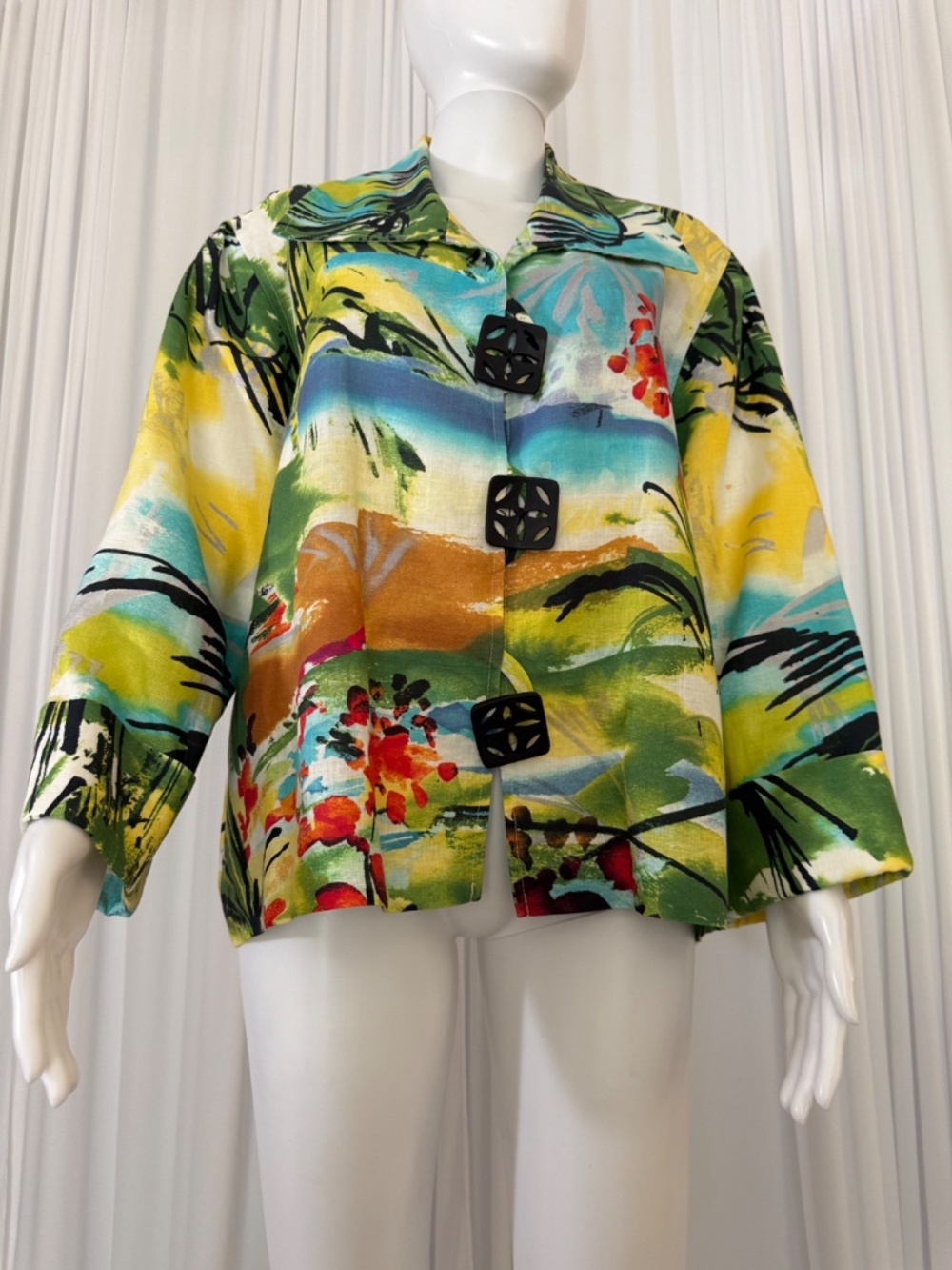 Caroline Rose Linen Jacket L Made USA Abstract Art Print Lined Designer Blazer - Picture 15 of 16